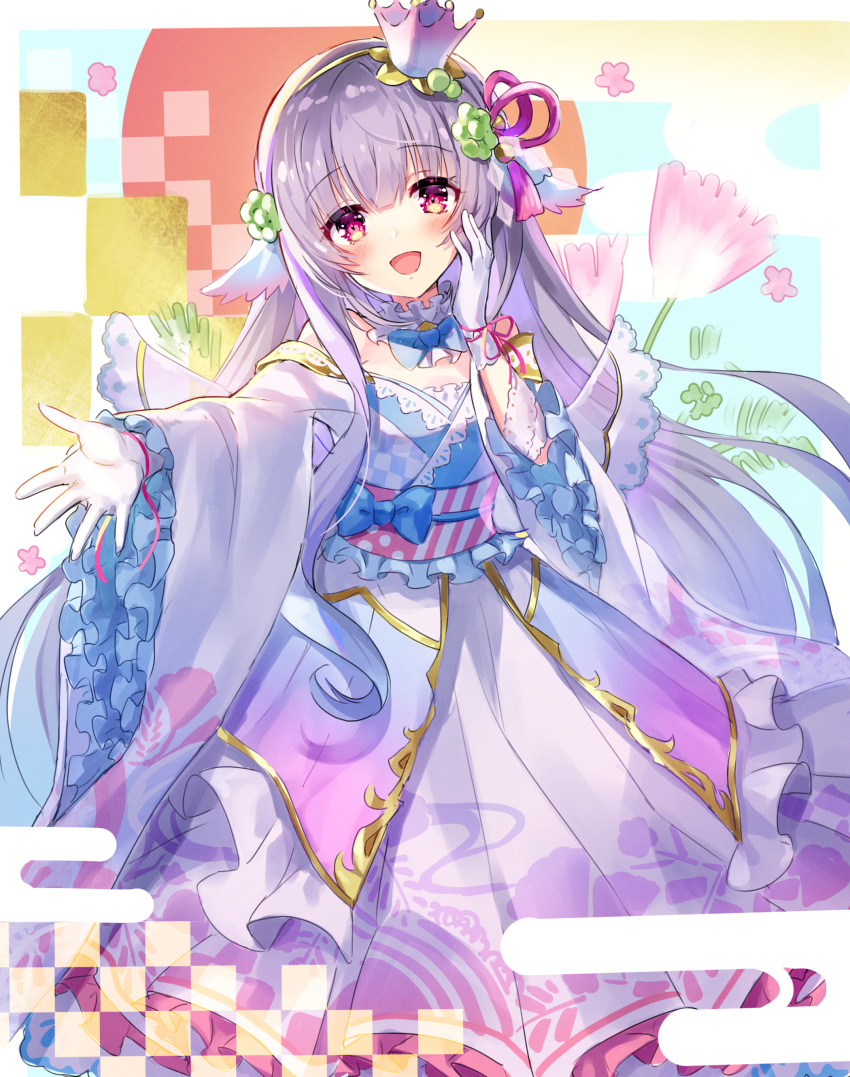 :d absurdres blue_bow blush bow bowtie crown detached_collar dress female flower flower_knight_girl frilled_dress frills furisode gloves highres japanese_clothes kimono long_hair looking_at_viewer mini_crown nemunoki_(flower_knight_girl) open_mouth piyoyanagi purple_dress purple_hair red_eyes smile solo waist_bow white_gloves