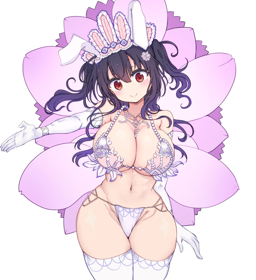 animal_ears bare_shoulders beads black_hair breasts closed_mouth commentary cool-kyou_shinja cowboy_shot elbow_gloves fake_animal_ears female floating_hair flower gloves gradient_hair groin hair_flower hair_ornament highres komori-san_wa_kotowarenai! komori_shuri long_hair looking_at_viewer multicolored_hair navel official_art purple_hair rabbit_ears red_eyes samba smile solo thick_thighs thighhighs thighs underboob white_gloves wide_hips