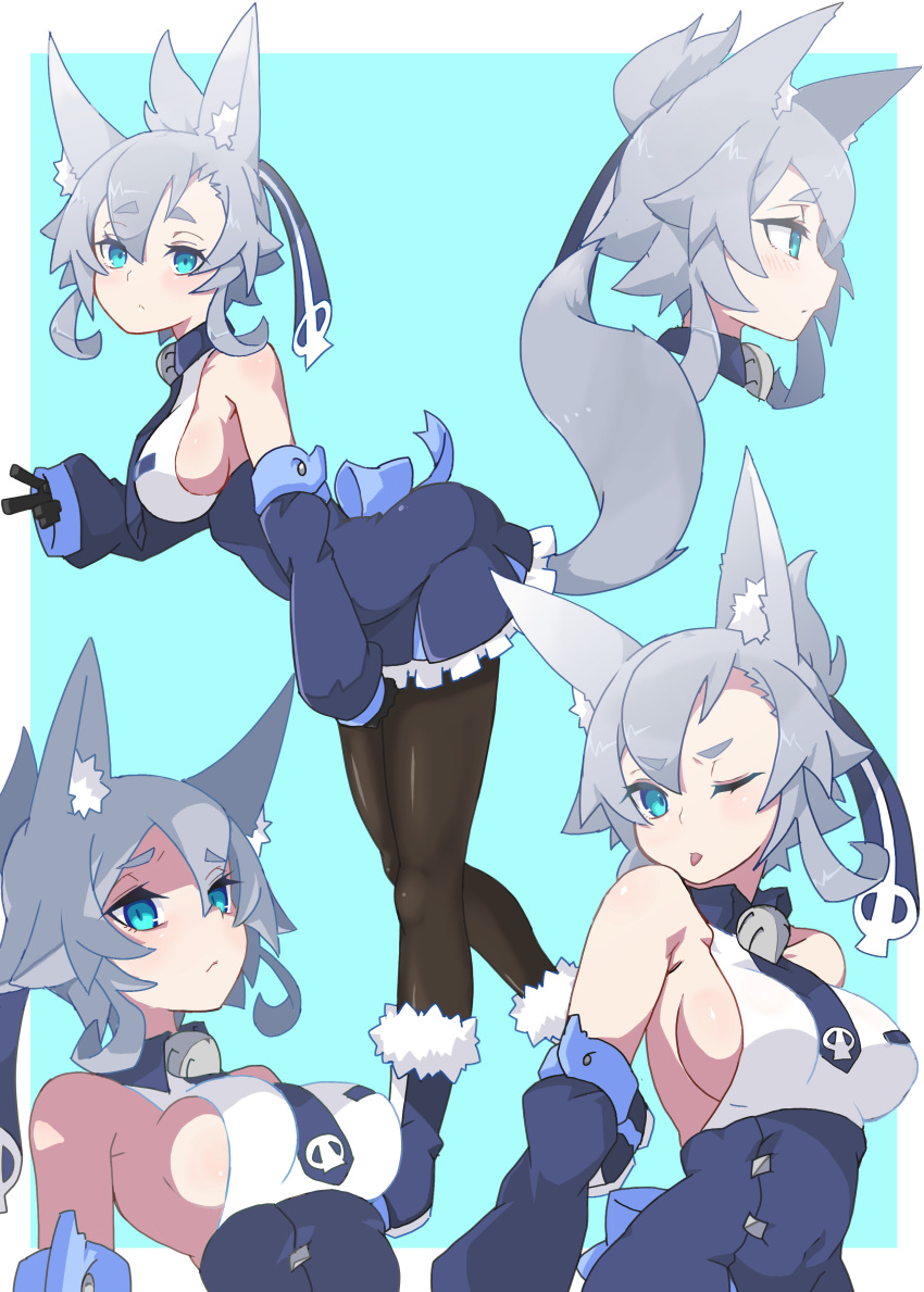 absurdres animal_ears bad_id bad_pixiv_id blue_eyes boots breasts dress female fox_ears fox_tail fur_trim gloves grey_hair hair_ornament highres inukaze_yamu looking_at_viewer multiple_views one_eye_closed original pantyhose shishimanako_hareko sideboob tail thick_eyebrows tongue tongue_out