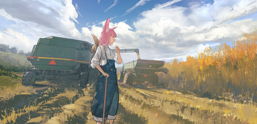 absurdres algae_(5455454541) animal_ear_fluff animal_ears black_gloves blue_overalls blue_ribbon blue_sky breasts cigarette cloud cloudy_sky collared_shirt combine_harvester day dump_truck feet_out_of_frame female field fox_ears fox_girl from_side gloves hand_up harvest hat haul_truck highres holding holding_cigarette john_deere looking_away looking_to_the_side motor_vehicle neck_ribbon original outdoors overalls pants pants_rolled_up parted_lips photo_background pink_hair profile red_eyes ribbon shirt sky sleeves_rolled_up smoking solo standing stitches straw_hat sun_hat tail towel towel_on_one_shoulder tractor truck unworn_hat unworn_headwear wheat wheat_field white_shirt