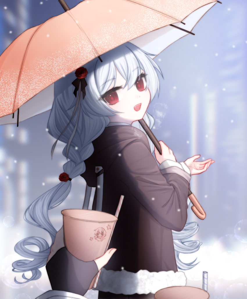 1other :d absurdres braid brown_gloves brown_jacket captain_(honkai_impact) cup disposable_cup drinking_straw female fingerless_gloves flower gloves hair_flower hair_ornament highres holding holding_cup holding_umbrella honkai_(series) honkai_impact_3rd jacket long_hair long_sleeves looking_at_viewer open_mouth outdoors qaliw red_eyes red_flower red_rose rose smile snowing theresa_apocalypse theresa_apocalypse_(luna_kindred) twin_braids umbrella white_hair winter_clothes