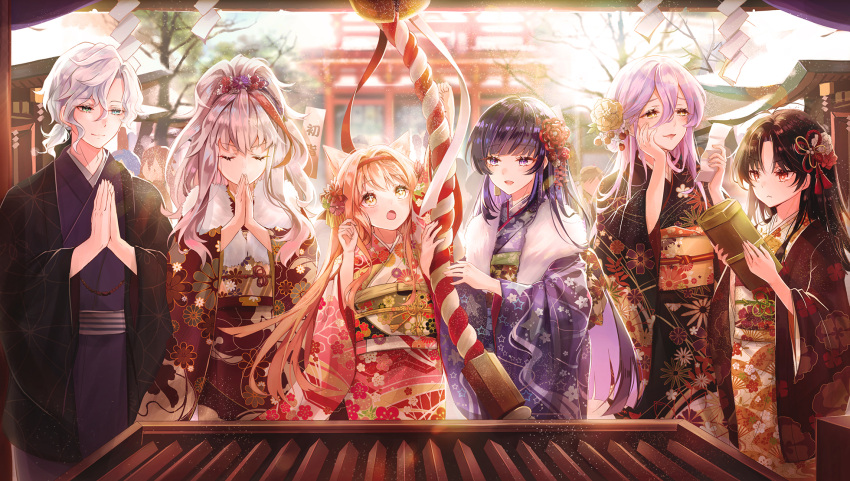 1boy 2020 5girls architecture black_hair east_asian_architecture flower frantiva_(illusion_connect) hair_ornament hatsumoude highres illusion_connect japanese_clothes kimono long_hair maki_(illusion_connect) miya_(zawarudo) miyuki_(illusion_connect) multiple_girls new_year pink_hair purple_hair red_kimono smile spirit_healer_(illusion_connect) tiffany_(illusion_connect) yuffie_(illusion_connect)