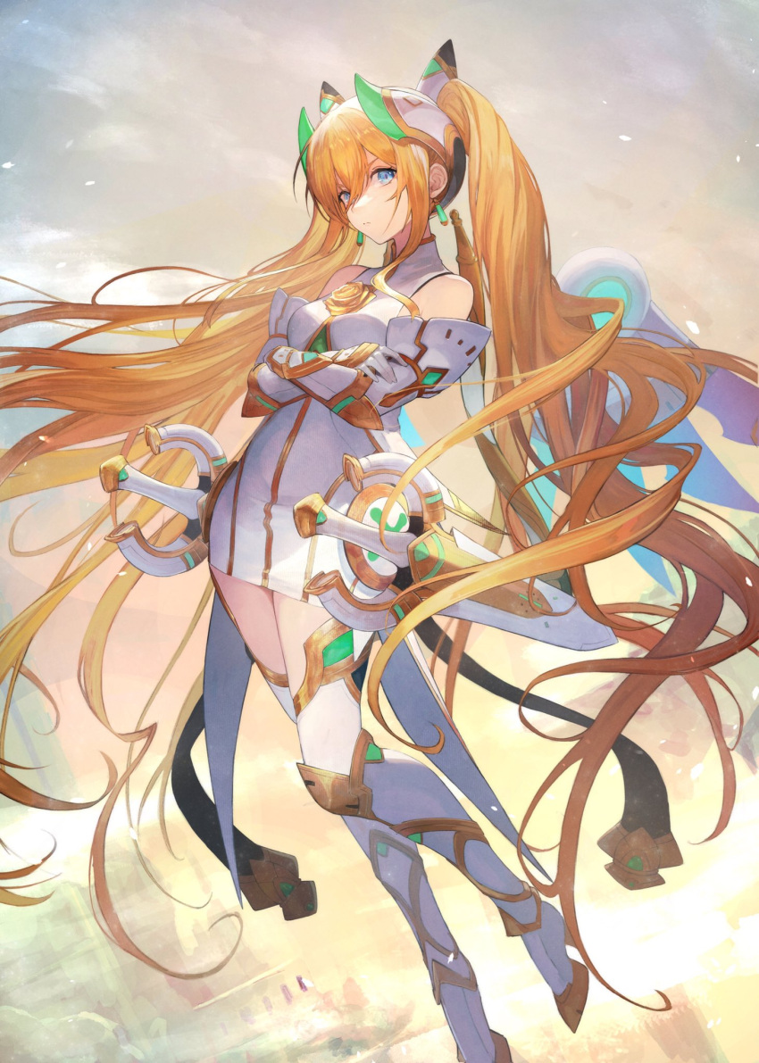 bare_shoulders blonde_hair blue_eyes breasts character_request commentary_request crossed_arms dress earrings female gauntlets hair_between_eyes high_heels highres jewelry long_hair looking_at_viewer othellonia sheath sheathed shirataki_jiro small_breasts solo sword thighhighs twintails very_long_hair weapon