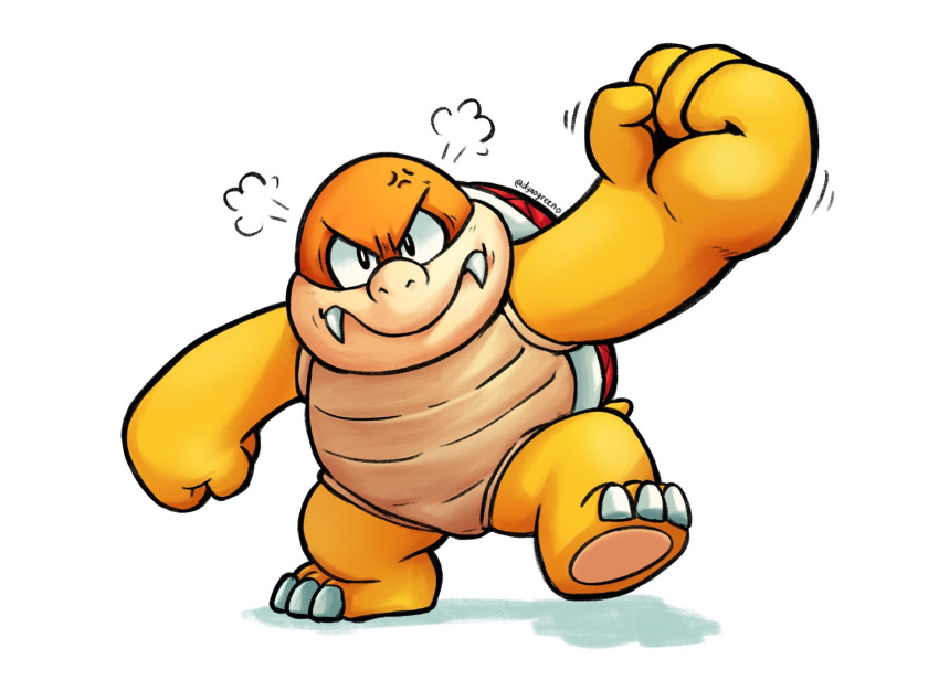 angry anthro boom-boom boom-boom_(character) boom_boom cross-popping_vein dynogreeno eyebrows fangs fist hi_res male mario_bros nintendo scalie simple_background snout solo teeth