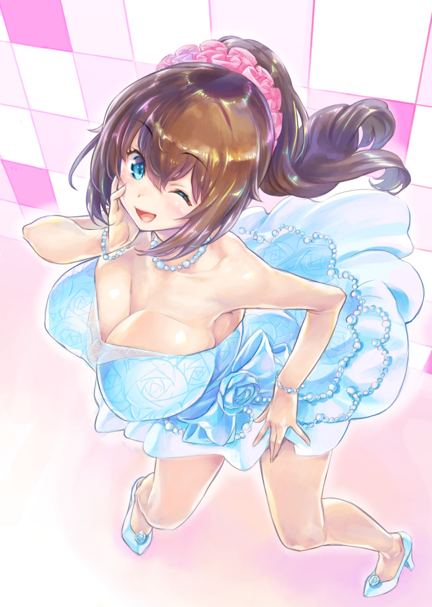 ;d \||/ bare_shoulders blue_dress blue_flower blue_rose bow bracelet breasts bride brown_hair cleavage dress female floral_print flower fujisaki_yua full_body hair_between_eyes hair_ornament hand_on_own_face hand_up high_heels highres jewelry kikuru_(vtuber) kiyama_satoshi large_breasts legs_apart looking_at_viewer necklace one_eye_closed open_mouth pearl_bracelet pearl_necklace ponytail rose rose_print smile solo standing strapless strapless_dress virtual_youtuber wedding_dress