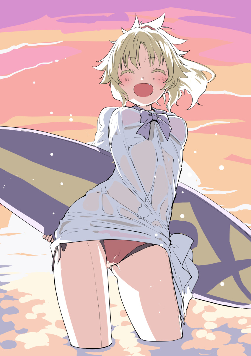 arms_behind_back ass_visible_through_thighs bikini bikini_under_clothes blonde_hair blush breasts closed_eyes cloud colored_eyelashes contrapposto fate/grand_order fate_(series) female groin_tendon highres mordred_(fate) mordred_(swimsuit_rider)_(fate) mordred_(swimsuit_rider)_(second_ascension)_(fate) mozu_(peth) orange_sky prydwen_(fate) purple_sky red_bikini red_scrunchie red_sky scrunchie side-tie_bikini_bottom sky small_breasts smile solo sunset swimsuit wading wet wet_clothes