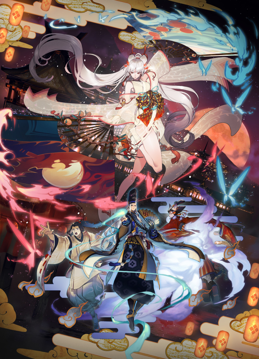 2boys 2girls abe_no_seimei_(onmyoji) animal_ears architecture black_eyes black_hair black_pants blue_hair blue_ribbon character_request closed_mouth earrings east_asian_architecture fan floating_hair flying fox_ears fox_tail full_moon gradient_hair hat highres holding holding_fan japanese_clothes jewelry kagura_(onmyoji) kimono long_sleeves mole mole_under_eye moon multicolored_hair multiple_boys multiple_girls obi onmyoji open_mouth orange_moon pants platform_footwear ponytail puffy_pants red_eyes red_kimono ribbon ryota-h sash smile socks tail tassel tate_eboshi white_hair white_kimono white_legwear wide-eyed wide_sleeves