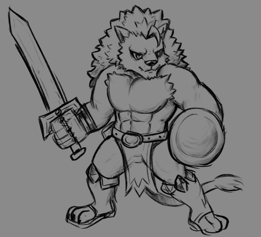 anthro claws dynogreeno felid feline fur hair hi_res lion male mammal mane melee_weapon monochrome muscular muscular_male pantherine shield smile solo sword weapon