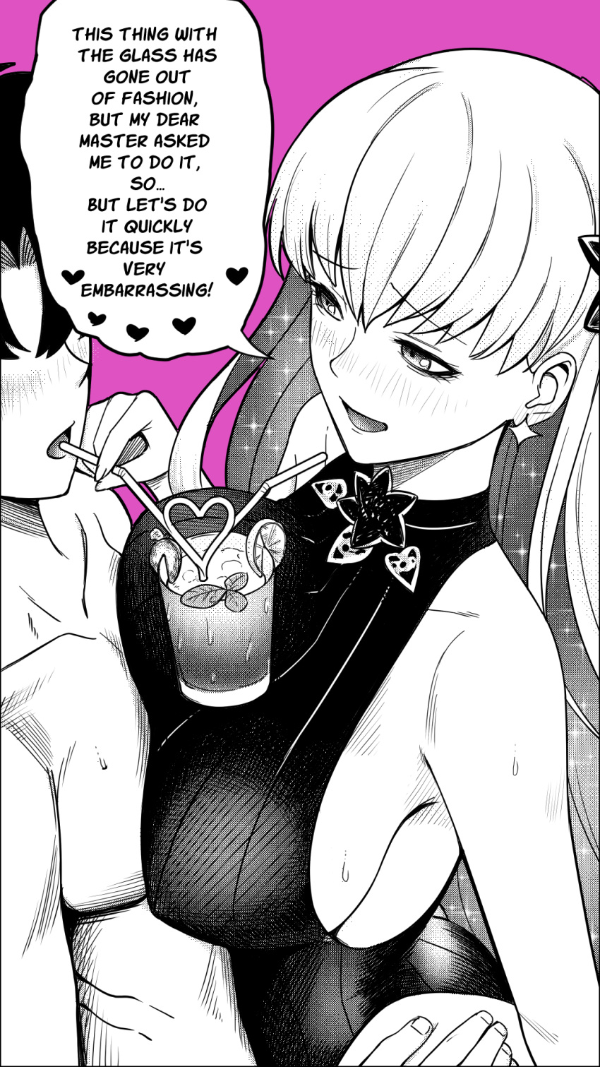 1boy blush breast_press breasts commentary condensation crazy_straw crosshatching cup drink drinking_glass drinking_straw english_commentary english_text faceless faceless_male fate/grand_order fate_(series) female fingernails food from_side fruit fujimaru_ritsuka_(male) greyscale_with_colored_background hand_on_another's_ass hatching_(texture) heart heart_straw highres kama_(fate) kama_(swimsuit_avenger)_(fate) large_breasts leaf lemon lemon_slice linear_hatching long_hair monochrome one-piece_swimsuit purple_background screentones shinsaku_(stan-art) sideboob simple_background speech_bubble straight sweat swimsuit upper_body