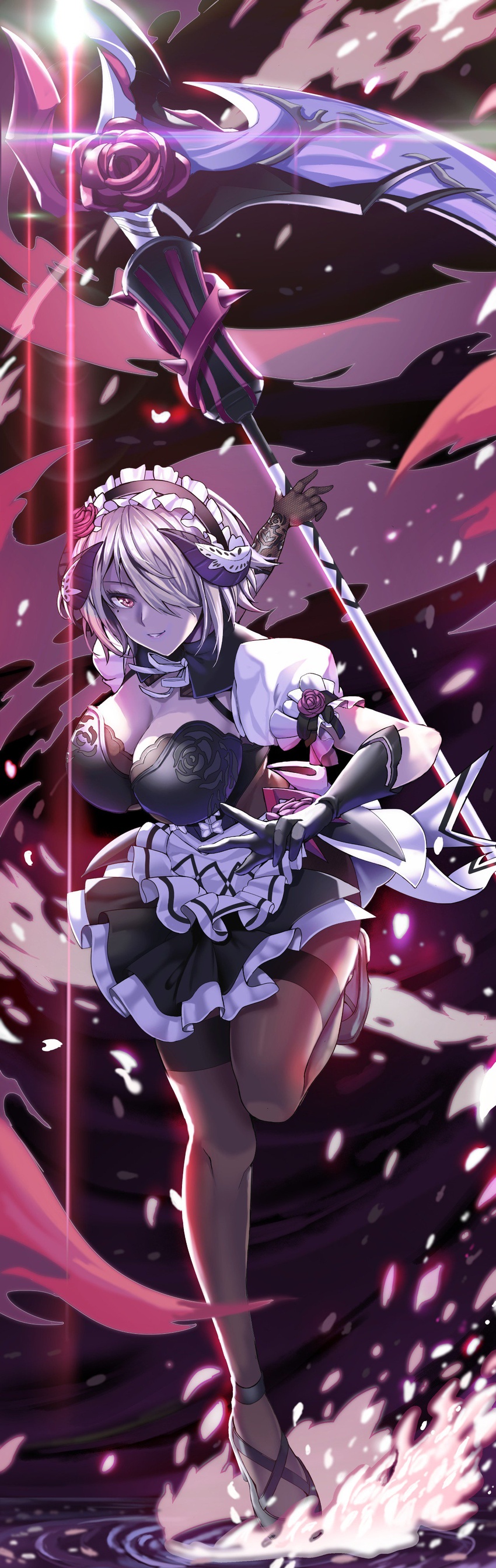 absurdres black_gloves breasts brown_hair brown_legwear cleavage closed_mouth dress flower frilled_dress frills gloves hair_flower hair_ornament hair_over_one_eye hasaya highres holding holding_scythe holding_weapon honkai_(series) honkai_impact_3rd looking_at_viewer looking_back maid maid_headdress mole mole_under_eye pantyhose purple_eyes purple_flower purple_rose rita_rossweisse rita_rossweisse_(umbral_rose) rose scythe short_hair short_sleeves smile standing standing_on_one_leg thighband_pantyhose weapon