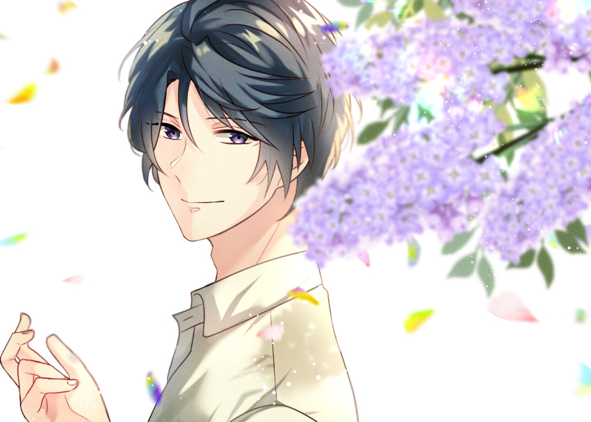 1boy black_hair blue_eyes blurry blurry_foreground day flower hand_up kagura_aki looking_at_viewer mady_(madine08260) male_focus outdoors short_hair smile stand_my_heroes upper_body