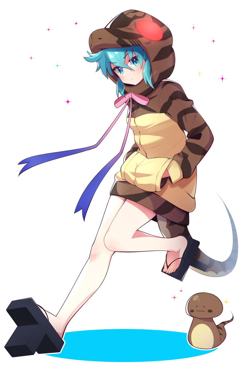 absurdres bare_legs blue_eyes blue_hair blue_ribbon closed_mouth commentary creature_and_personification feet female geta gradient_neck_ribbon gradient_ribbon hair_between_eyes hands_in_pockets highres hood hoodie kemono_friends long_sleeves looking_at_viewer neck_ribbon pink_ribbon print_hoodie ribbon snake snake_print snake_tail solo tail takom tengu-geta toenails toes tsuchinoko tsuchinoko_(kemono_friends) v-shaped_eyebrows