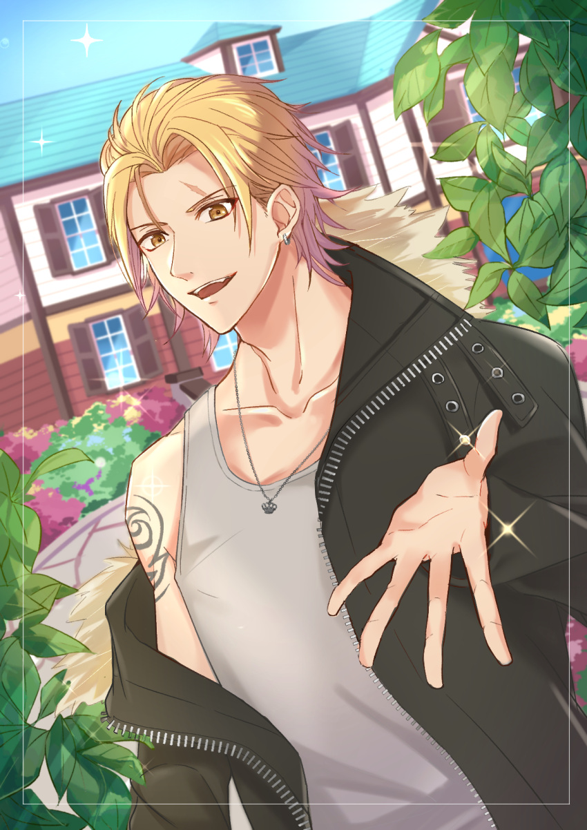 1boy arm_tattoo black_jacket blonde_hair day earrings grey_shirt highres house jacket jewelry kirikuraria kirishima_kouya male_focus necklace open_mouth outdoors outstretched_hand shirt sparkle stand_my_heroes tattoo yellow_eyes