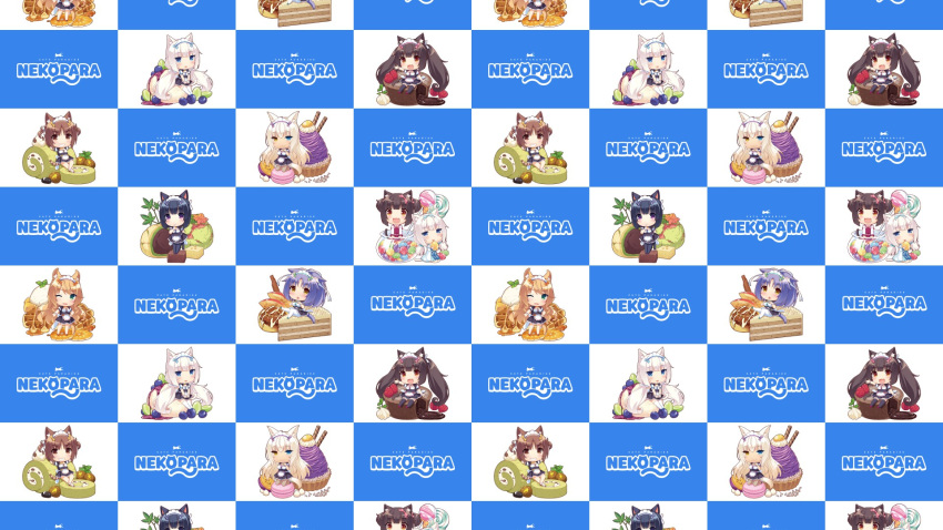 6+girls animal_ears azuki_(nekopara) black_hair blonde_hair blue_eyes brown_eyes brown_hair cake cake_slice candy cat_ears cat_girl cat_tail chibi chocola_(nekopara) cinnamon_(nekopara) cinnamon_roll coconut_(nekopara) commentary cupcake dessert english_commentary food green_eyes heterochromia highres ice_cream lava_cake logo lollipop macaron maid maple_(nekopara) minazuki_shigure mixed-language_commentary multiple_girls nekopara official_art official_wallpaper orange_hair purple_eyes purple_hair sayori_(neko_works) swiss_roll tail vanilla_(nekopara) waffle white_hair