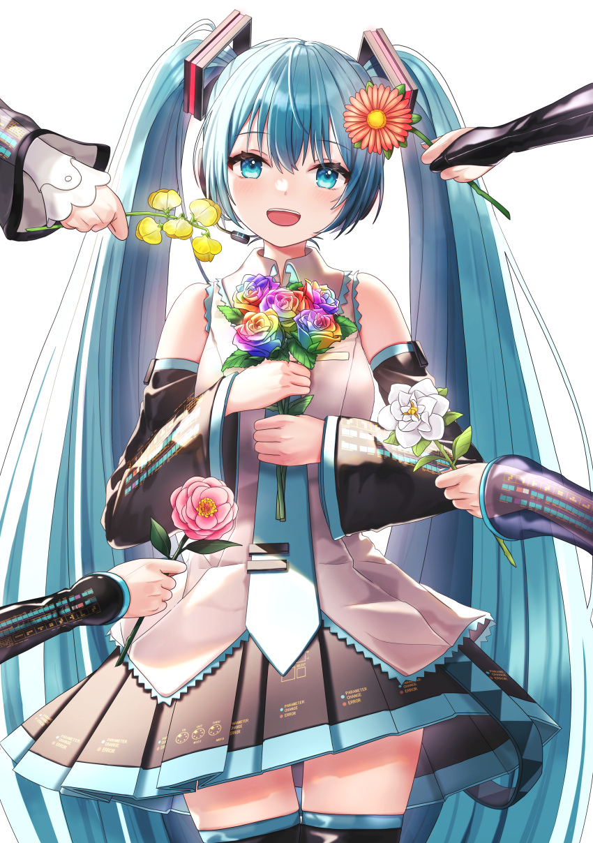 5girls absurdres aqua_eyes aqua_hair aqua_necktie bare_shoulders black_skirt black_sleeves black_thighhighs bloom bouquet camellia commentary daisy detached_sleeves flower grey_shirt hair_ornament hatsune_miku hatsune_miku_(append) hatsune_miku_(nt) hatsune_miku_(vocaloid3) hatsune_miku_(vocaloid4) headphones headset highres holding holding_bouquet holding_flower jasmine_(flower) layered_sleeves light_blush long_hair looking_at_viewer macha_3939 microphone miniskirt multicolored_flower multiple_girls multiple_persona necktie open_mouth out_of_frame piapro pink_flower pleated_skirt rainbow_flower red_flower rose see-through see-through_sleeves shirt skirt sleeveless sleeveless_shirt smile straight-on sweet_pea teeth thighhighs tie_clip twintails upper_teeth_only very_long_hair vocaloid vocaloid_append white_background white_flower white_sleeves yellow_flower zettai_ryouiki