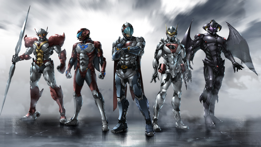 5boys android armor bodysuit cape casshern casshern_(series) commentary_request company_connection crossover gatchaman gloves hariken_polymar helmet highres humanoid_robot ken_the_eagle lance male_focus mask multiple_boys paintedmike photoshop_(medium) polearm polymar power_armor robot robot_hunter_casshern shinzou_ningen_casshern skin_tight soul_taker soul_taker_(character) tatsunoko_pro tekkaman_(character) uchuu_no_kishi_tekkaman visor weapon white_bodysuit wings