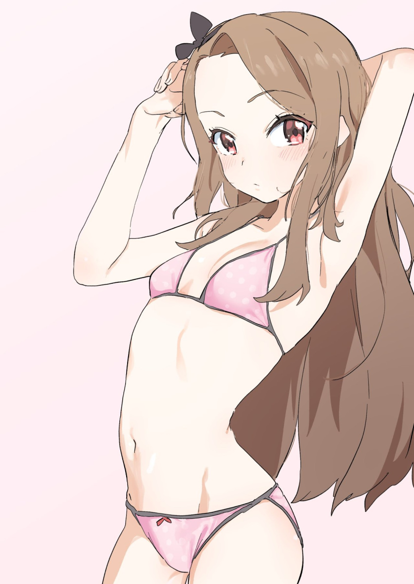 arm_behind_head arm_up armpits blush bow bow_panties bra breasts brown_hair cowboy_shot eyebrows_visible_through_hair female hairband highres idolmaster idolmaster_(classic) long_hair looking_at_viewer mammoth9878 minase_iori navel own_hands_together panties pink_bra pink_panties polka_dot polka_dot_bra polka_dot_panties red_eyes simple_background small_breasts solo underwear underwear_only