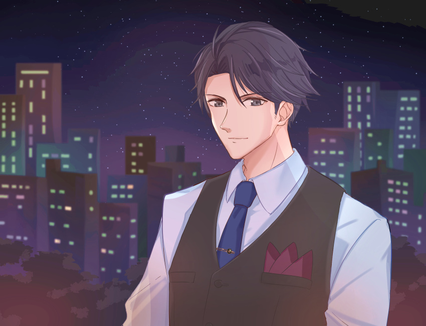 1boy black_hair blue_necktie building city highres kirikuraria looking_at_viewer male_focus necktie pocket_square shindou_kiyoshi shirt skyscraper solo stand_my_heroes upper_body vest white_shirt