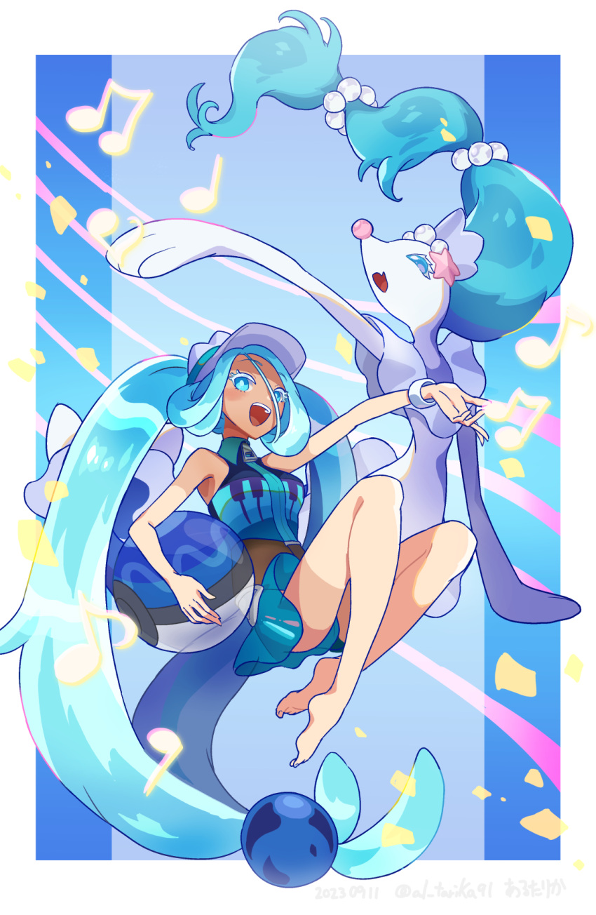 :d aqua_eyes aqua_hair arutarika_(ri_kaoekaki) ball bare_arms barefoot beachball bright_pupils colored_eyelashes commentary crossover female grey_headwear hatsune_miku highres holding legs long_hair open_mouth outstretched_arm pokemon pokemon_(creature) primarina project_voltage shorts smile swimsuit teeth toes tongue twintails upper_teeth_only visor_cap vocaloid water_miku_(project_voltage) white_pupils