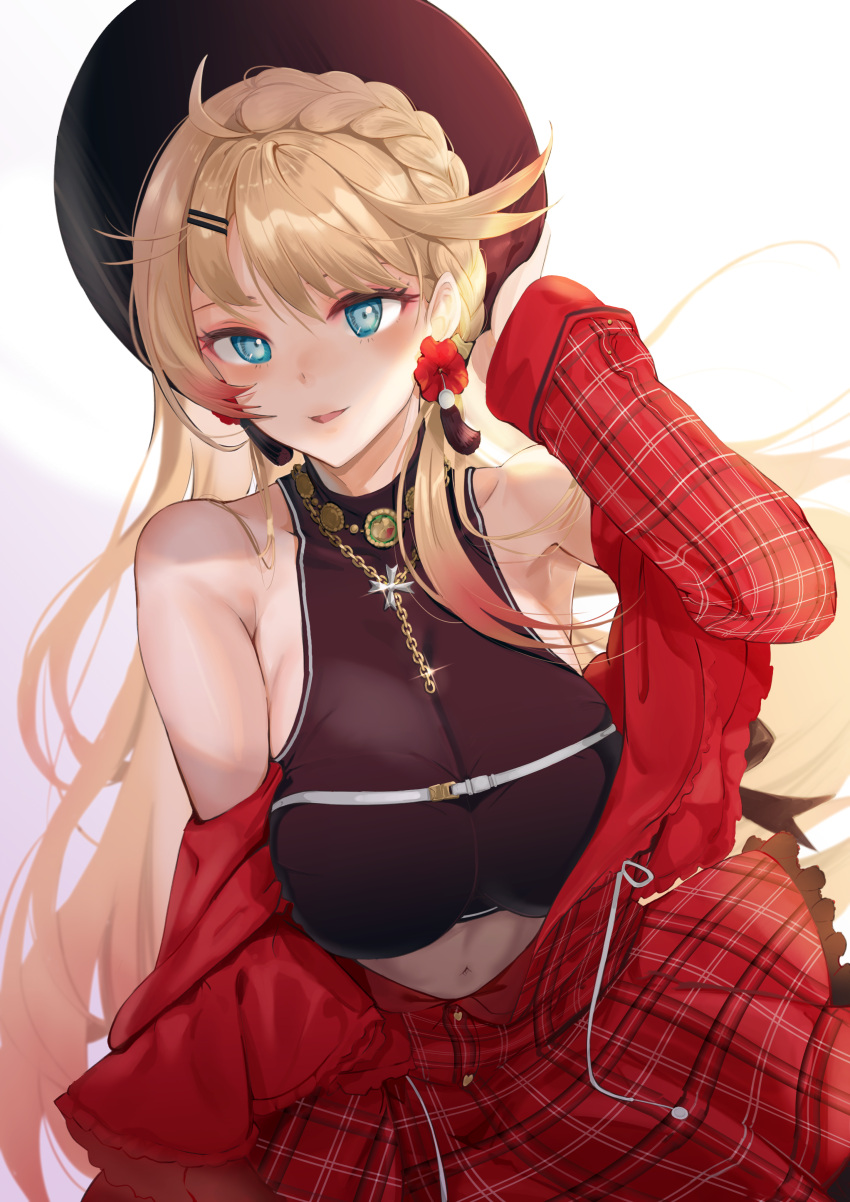 absurdres armpits azur_lane bare_shoulders black_hat black_tank_top blonde_hair blue_eyes blush braid breasts colored_tips commentary crop_top dress earrings female flower_earrings hair_behind_ear hair_ornament hairclip hand_in_own_hair hand_on_headwear hat highres howe_(azur_lane) howe_(noble_rouge)_(azur_lane) jewelry large_breasts leaf long_hair looking_at_viewer multicolored_hair navel necklace official_alternate_costume open_mouth plaid plaid_dress red_dress red_skirt sankyo_(821-scoville) skirt smile solo tank_top white_background