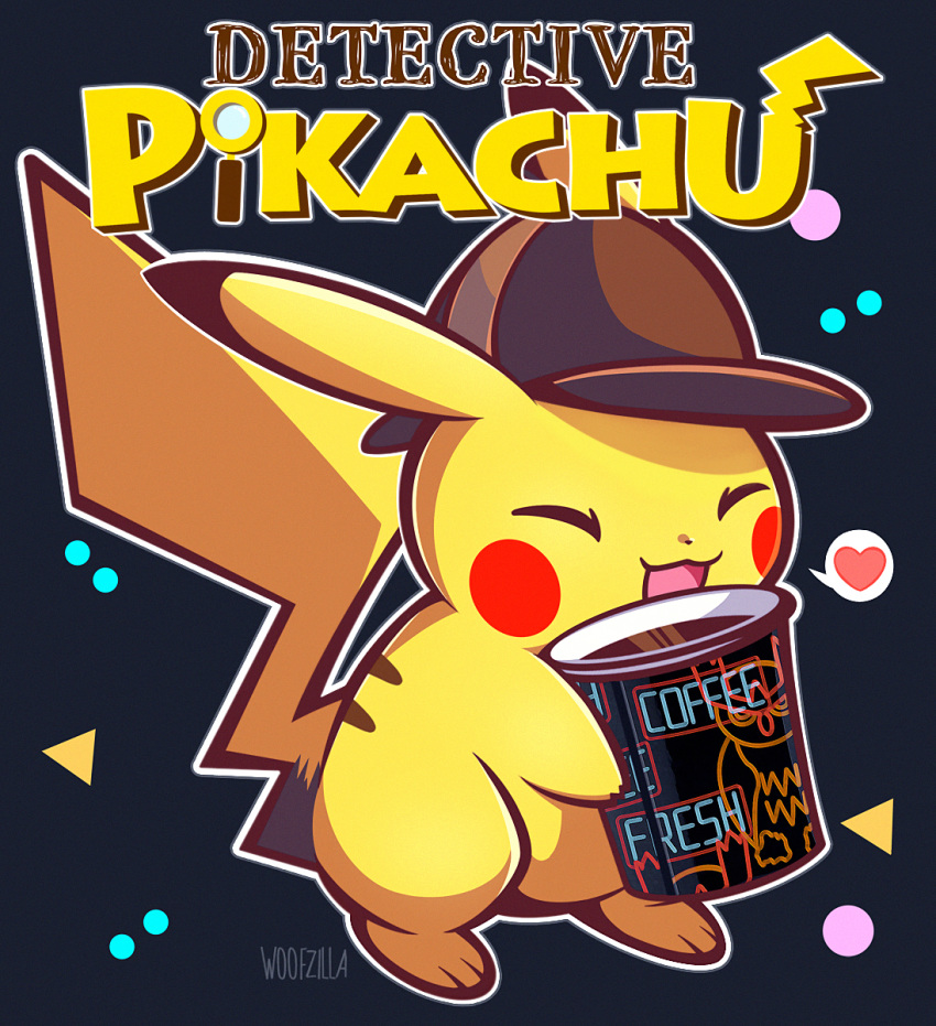 2019 beverage closed_eyes clothing coffee container cup detective_pikachu dipstick_ears ear_markings generation_1_pokemon hat hat_only headgear headgear_only headwear headwear_only heart_symbol hi_res mostly_nude multicolored_ears nintendo open_mouth pictographics pikachu pokemon pokemon_(species) pokemon_detective_pikachu signature solo speech_bubble woofzilla yellow_body