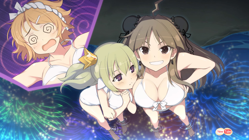 3girls @_@ ahoge bare_shoulders bikini blonde_hair blush breasts brown_eyes brown_hair bun_cover cleavage collarbone crown double_bun earrings grin hachimaki hair_between_eyes hair_bun hair_ornament hairclip hanabi_(senran_kagura) headband highres jewelry kafuru_(senran_kagura) large_breasts long_hair looking_at_viewer low_twintails medium_breasts mini_crown multiple_girls official_art open_mouth orange_hair purple_eyes renka_(senran_kagura) senran_kagura senran_kagura_peach_beach_splash short_hair smile swimsuit twintails white_bikini yaegashi_nan