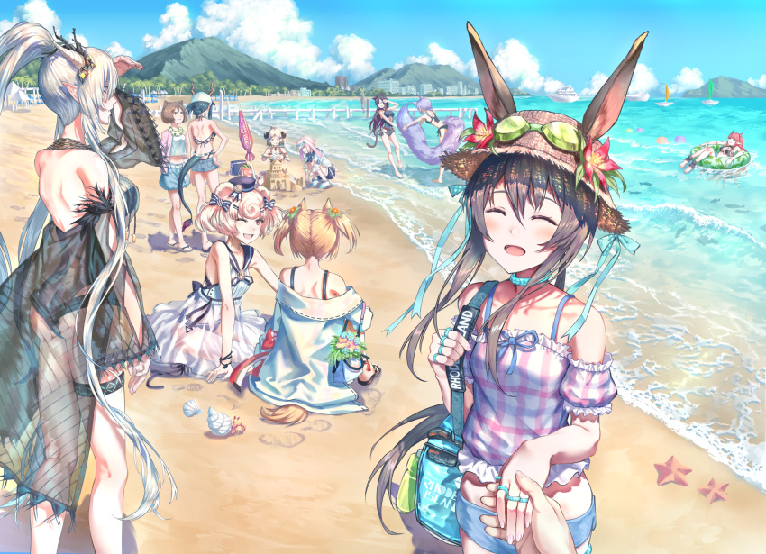 1boy 6+girls :d ^_^ amiya_(arknights) animal_ears ansel_(arknights) ansel_(casual_vacation)_(arknights) arknights backless_outfit backless_swimsuit bad_id bad_pixiv_id bag bare_arms bare_legs bare_shoulders beach beach_umbrella bear_ears black_one-piece_swimsuit blonde_hair blue_hair blue_ribbon blue_shorts blue_sky blush boat bra_strap breasts brown_hair ch'en_(arknights) closed_eyes cloud commentary_request cowboy_shot crab day dragon_horns dragon_tail dress ears_through_headwear feet_out_of_frame female_tourist_a_(arknights) female_tourist_c_(arknights) flower from_behind goggles goggles_on_headwear gummy_(arknights) gummy_(summer_flowers)_(arknights) hair_between_eyes hand_on_own_hip hat hat_flower hermit_crab highres holding_hands holding_own_tail horns ifrit_(arknights) ifrit_(sunburn)_(arknights) innertube jacket jewelry large_breasts large_tail long_hair mini_hat multiple_girls ocean off-shoulder_shirt off_shoulder official_alternate_costume one-piece_swimsuit open_mouth otoko_no_ko outdoors pink_hair pink_shirt pointy_ears ponytail pov provence_(arknights) puffy_short_sleeves puffy_sleeves purple_hair rabbit_boy rabbit_ears red_flower red_hair ribbon ring sand_castle sand_sculpture shining_(arknights) shining_(silent_night)_(arknights) shirt short_shorts short_sleeves shorts sitting sky skyfire_(arknights) skyfire_(temperature_difference)_(arknights) sleeveless sleeveless_dress smile sora_(arknights) sora_(summer_flowers)_(arknights) standing starfish sun_hat swim_ring swimsuit tail thigh_strap thighs twintails umbrella very_long_hair vigna_(arknights) vigna_(casual_vacation)_(arknights) water watercraft white_dress white_hair white_jacket wolf_ears wolf_tail yuuki_higumo