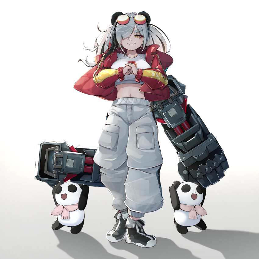 animal_ears arknights black_footwear black_hair commentary_request crop_top feater_(arknights) feater_(gourmet)_(arknights) female full_body gradient_background grey_background grey_hair hair_over_one_eye highres jacket kakakaeru long_hair long_sleeves looking_at_viewer midriff multicolored_hair navel palm-fist_greeting panda panda_ears pants red_jacket shirt shoes smile standing stomach streaked_hair twintails white_pants white_shirt yellow_eyes