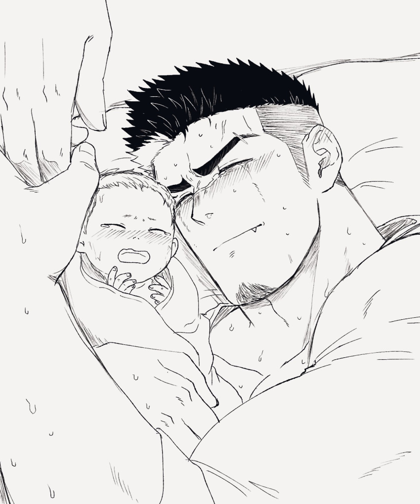 1other 2boys baby bara crying eyebrow_cut facial_hair fle0423 from_above goatee graphite_(medium) greyscale highres holding_hands implied_male_pregnancy implied_pregnancy long_sideburns lying male_focus male_pregnancy mature_male monochrome multiple_boys multiple_others muscular muscular_male oerba_yun_fang on_side original pectoral_cleavage pectorals short_hair sideburns solo_focus sweat thick_eyebrows traditional_media undercut yaoi