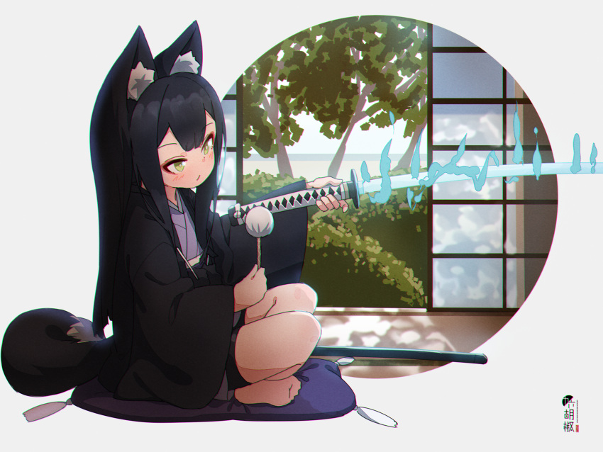 animal_ear_fluff animal_ears black_hair black_shorts blush chromatic_aberration cleaning cleaning_weapon closed_mouth commentary_request crossed_legs day female fox_ears fox_girl fox_tail green_eyes grey_background highres holding holding_sword holding_weapon japanese_clothes katana kimono kuro_kosyou long_hair looking_away obi open_clothes original purple_kimono sash sheath short_shorts shorts sitting sliding_doors solo sword tail tree uchiko very_long_hair weapon yui_(kuro_kosyou)