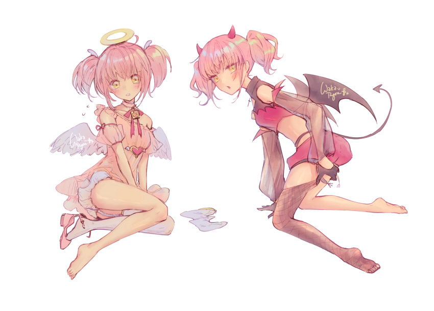 2girls amulet_angel amulet_devil angel angel_wings cross cross_necklace demon_girl demon_horns demon_tail demon_wings dual_persona feathered_wings full_body halo highres hinamori_amu horns humpty_lock_(shugo_chara!) jewelry looking_at_viewer multiple_girls necklace pink_hair shugo_chara! signature tail twintails waka_ryou wavy_hair white_background wings