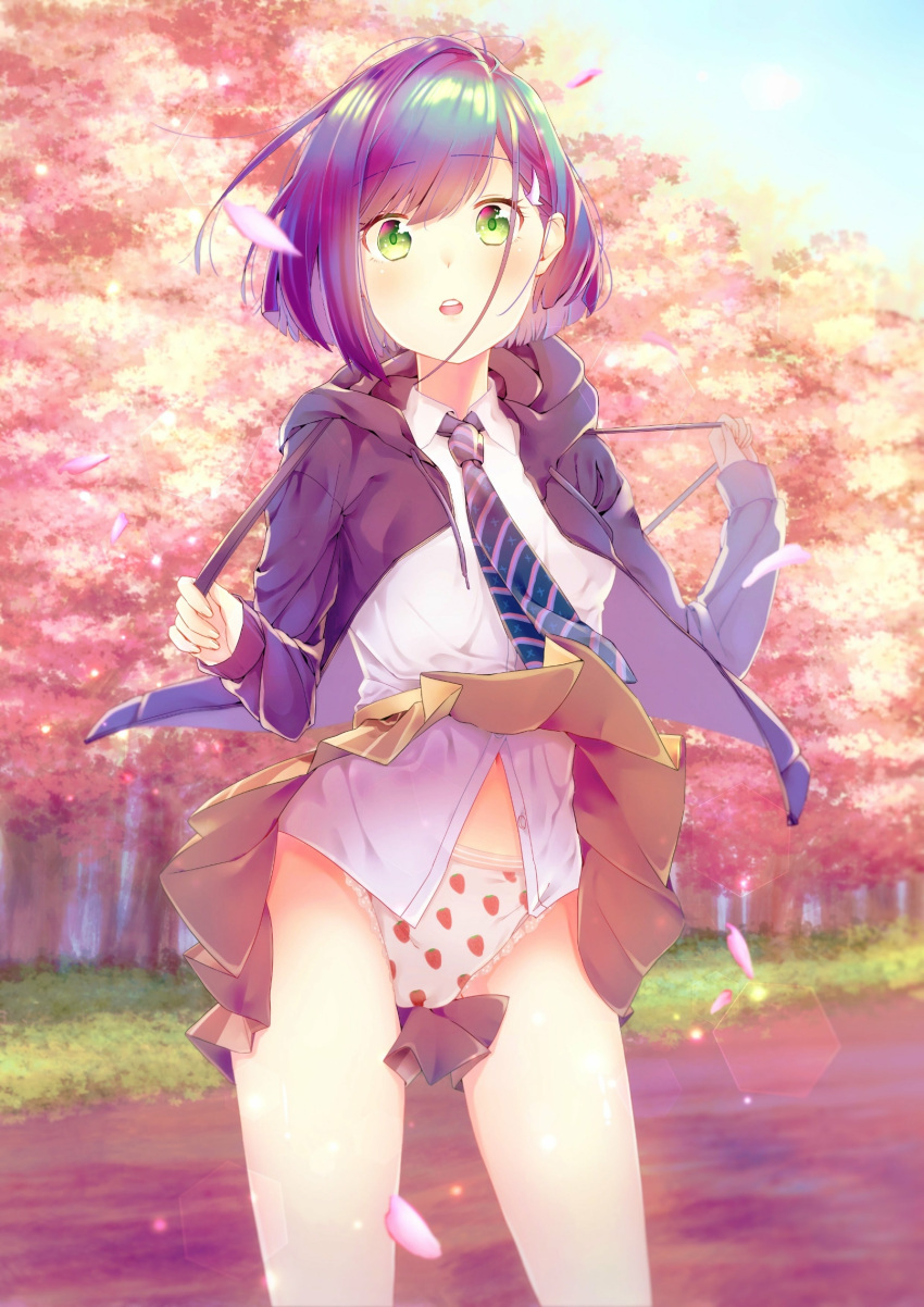 black_jacket blue_hair blue_necktie blurry bokeh brown_skirt cherry_blossoms cherry_tree commentary cowboy_shot darling_in_the_franxx depth_of_field dress_shirt female food_print frilled_panties frills grass green_eyes hair_ornament hairclip highres hood hooded_jacket ichigo_(darling_in_the_franxx) jacket looking_at_viewer loose_hair_strand midriff midriff_peek miniskirt necktie open_clothes open_jacket open_mouth outdoors panties path pleated_skirt print_panties shirt short_hair skirt sky solo standing strawberry_panties strawberry_print striped striped_necktie suzu_(tonami0726) tree underwear white_shirt wind wind_lift