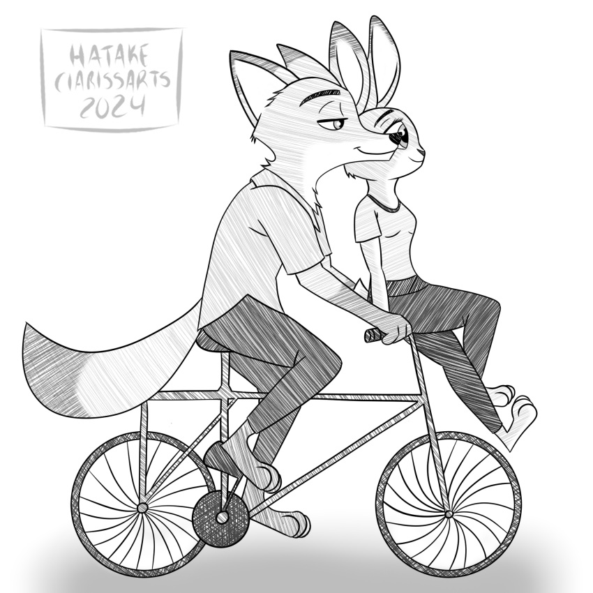 3_toes anthro barefoot bicycle biking canid canine date disney duo feet female fox hatakeclarissarts hi_res inktober inktober_2024 judy_hopps lagomorph leporid male male/female mammal nick_wilde paws plantigrade rabbit riding riding_bike toes vehicle zootopia