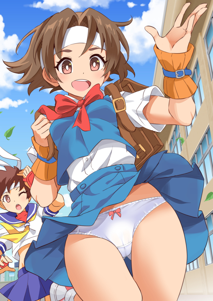 2girls ass_visible_through_thighs backpack bag blue_sailor_collar blue_skirt blue_sky blue_vest bow bow_panties bowtie breasts bright_pupils brown_eyes brown_hair building clothes_lift cloud cloudy_sky commentary_request commission cropped_shirt cropped_vest crotch_seam day dress_shirt forehead_protector from_below headband highres in-franchise_crossover justice_gakuen kasugano_sakura leaf leg_up looking_at_viewer miniskirt multiple_girls neck_ribbon neckerchief one_eye_closed open_mouth outdoors panties pantyshot partial_commentary pixiv_commission pleated_skirt red_bow red_bowtie red_ribbon ribbon sailor_collar school_uniform serafuku shimouki_izui shiritsu_justice_gakuen shirt short_hair short_sleeves skirt skirt_lift sky small_breasts smile standing standing_on_one_leg street_fighter teeth thigh_gap underwear upper_teeth_only upskirt vest wakaba_hinata white_headband white_panties white_pupils white_shirt wind wind_lift wrist_guards wristband yellow_neckerchief