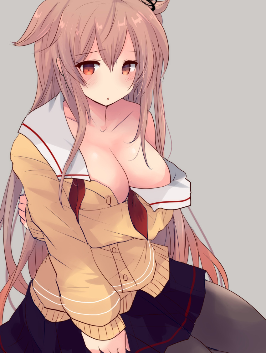 absurdres bare_shoulders black_pantyhose black_serafuku blush breasts brown_eyes cardigan female hair_flaps hair_ribbon highres hirune_(konekonelkk) kantai_collection light_brown_hair long_hair looking_at_viewer medium_breasts murasame_(kancolle) neckerchief open_mouth pantyhose red_neckerchief ribbon sailor_collar school_uniform serafuku solo twintails yellow_cardigan