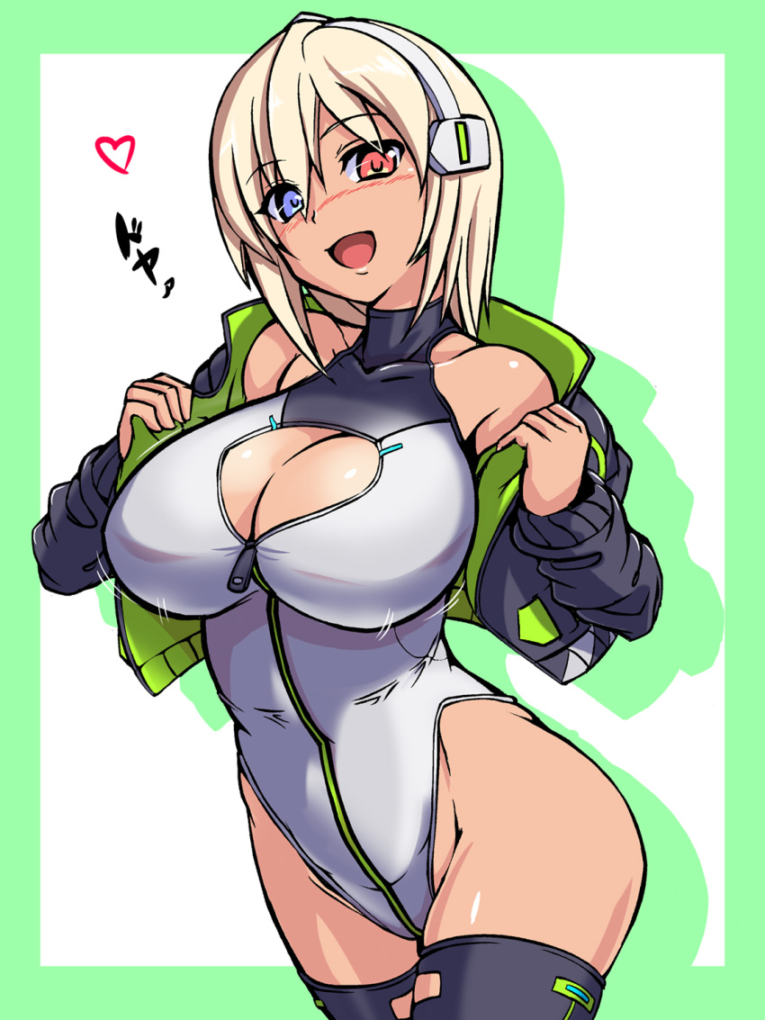 alice_gear_aegis black_jacket black_thighhighs blonde_hair blue_eyes breasts circle_cutout cleavage_cutout clothing_cutout companion/af covered_collarbone darius_burst dark-skinned_female dark_skin female front_zipper full-length_zipper heterochromia highleg highleg_leotard highres ivry_hadd jacket kiyukisuke large_breasts leotard race_queen red_eyes sleeveless_turtleneck_leotard solo thighhighs turtleneck turtleneck_leotard two-tone_leotard white_leotard zipper zipper_leotard zipper_pull_tab