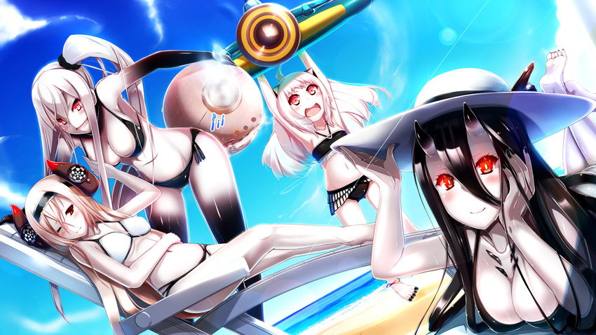 air_defense_hime_(kancolle) aircraft_carrier_oni battleship_summer_hime bikini cleavage fuuki_(nicoseiga) horns kantai_collection northern_ocean_hime swimsuits wallpaper