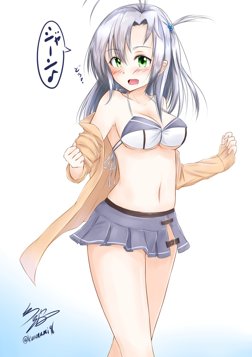 :d absurdres ahoge alternate_costume commentary female frilled_skirt frills green_eyes highres kantai_collection kinugasa_(kancolle) looking_at_viewer namikawa_kuroha navel open_mouth purple_hair signature skirt smile solo swimsuit translated twitter_username