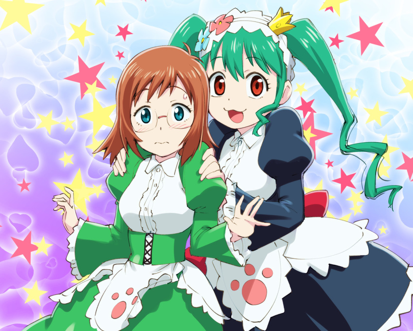 2girls blue_eyes blush brown_hair cat_smile cosplay crown glasses green_hair headdress kuroi_ginko long_hair maid planet_with red_eyes short_hair takamagahara_nozomi twintails ueyama_michirou