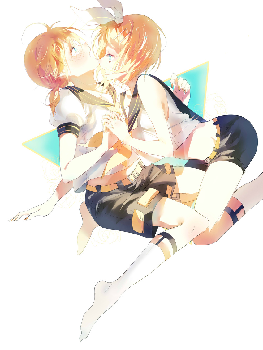 1boy absurdres alkali blonde_hair blue_eyes blush brother_and_sister commentary_request couple female hair_ornament hair_ribbon hairclip highres incest interlocked_fingers kagamine_len kagamine_rin matching_outfits midriff open_mouth ribbon sailor_collar short_hair shorts siblings straight twincest twins vocaloid