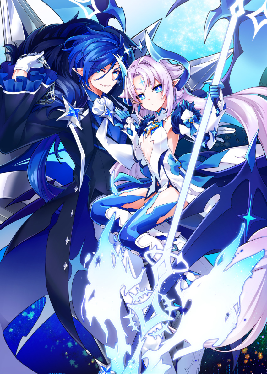 1boy absurdly_long_hair bad_id bad_pixiv_id black_jacket blue_eyes blue_footwear blue_gloves blue_hair blue_shirt boots breasts chains chevalier_(elsword) ciel_(elsword) cleavage cleavage_cutout clothing_cutout detached_sleeves elsword facial_mark female floating_hair gloves grey_hair grin hair_between_eyes high_heel_boots high_heels highres holding holding_chain holding_weapon icedango_(dpopic3) ishtar_(elsword) jacket long_hair looking_at_viewer luciela_r._sourcream pointy_ears polearm shirt small_breasts smile thigh_boots thighhighs twintails very_long_hair weapon white_gloves