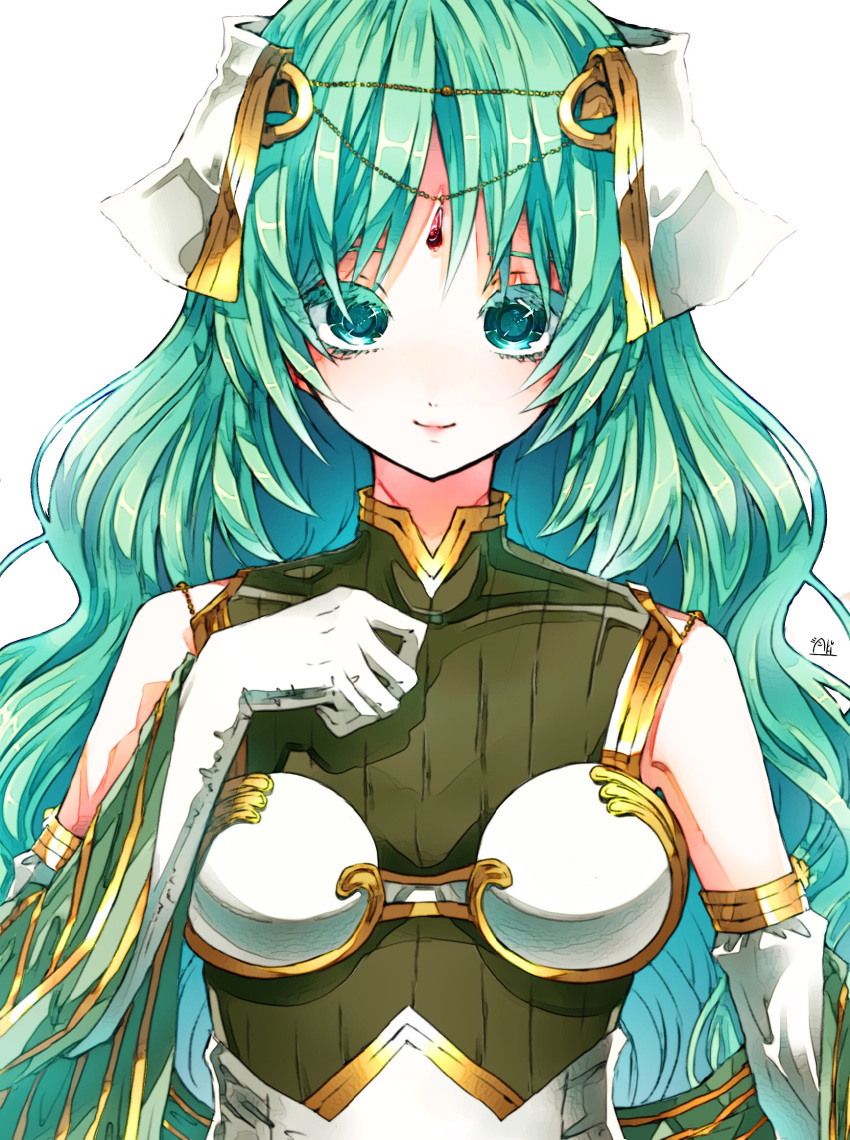 armor artist_name bare_shoulders breastplate breasts colored_eyelashes commentary_request covered_collarbone female fire_emblem fire_emblem_echoes:_shadows_of_valentia forehead_jewel gloves gold_trim green_eyes green_hair hair_ornament hanabata0320 hand_up head_chain highres jewelry long_hair looking_at_viewer medium_breasts simple_background solo tatiana_(fire_emblem) upper_body white_background