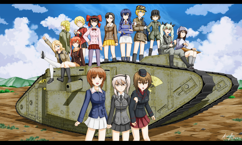 6+girls anchovy_(girls_und_panzer) anzio_military_uniform artifex artist_name asparagus_(girls_und_panzer) asymmetrical_bangs bc_freedom_military_uniform bellwall_military_uniform belt black_bow black_footwear black_hair black_jacket black_necktie black_ribbon black_shirt black_skirt blazer blonde_hair blue_eyes blue_hair blue_headwear blue_sky bonple_military_uniform boots bow bowtie braid brown_eyes brown_hair brown_jacket caterpillar_tracks chi-hatan_military_uniform closed_eyes cloud collarbone collared_shirt commentary cup darjeeling_(girls_und_panzer) dated day dress_shirt drill_hair eclair_(girls_und_panzer) emblem eyebrows fourragere frown garrison_cap girls_und_panzer girls_und_panzer_gekijouban girls_und_panzer_gekitou!_maginot-sen_desu!! girls_und_panzer_little_army girls_und_panzer_ribbon_no_musha gloves green_hair green_jacket grey_hair grey_jacket grey_legwear grey_pants hair_between_eyes hair_ornament hair_ribbon hairbow hand_on_another's_shoulder hand_on_own_hip hands_on_own_hips hat helmet hill holding holding_cup holding_hands holding_plate instrument jacket jacket_on_shoulders jajka_(girls_und_panzer) kantele katyusha_(girls_und_panzer) kay_(girls_und_panzer) keizoku_military_uniform kepi kneehighs kuromorimine_military_uniform leg_up long_hair long_sleeves looking_at_viewer looking_away looking_to_the_side maginot_military_uniform mark_iv_tank mika_(girls_und_panzer) military military_hat military_uniform military_vehicle mole mole_under_eye motor_vehicle multiple_girls music nakasuga_emi necktie nishi_kinuyo nishizumi_maho nishizumi_miho ooarai_military_uniform open_clothes open_jacket open_mouth outdoors pants pantyhose pelisse plate playing_instrument pleated_skirt pravda_military_uniform red_bow red_bowtie red_eyes red_hair red_jacket red_necktie red_shirt red_skirt ribbon sam_browne_belt saucer saunders_military_uniform school_uniform selection_university_military_uniform shimada_arisu shirt shoes short_hair short_jumpsuit side_ponytail signature single_braid skirt sky smile socks st._gloriana's_military_uniform standing swagger_stick tank tank_helmet tatenashi_high_school_uniform tea teacup thighhighs tsuruki_shizuka tulip_hat turtleneck twin_drills twintails uniform white_gloves white_hair white_legwear white_shirt white_skirt yellow_skirt