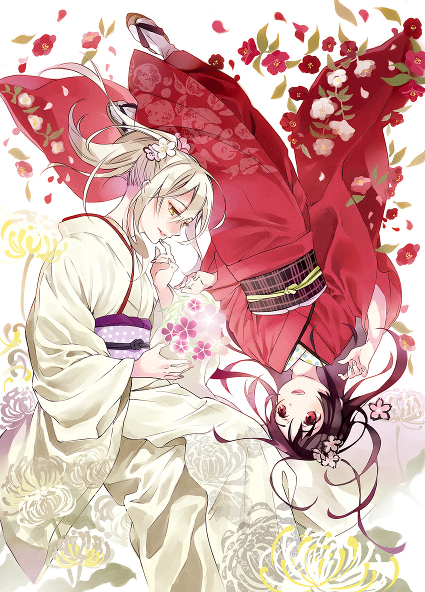 2girls bad_id bad_pixiv_id black_hair blonde_hair camellia camellia_print chrysanthemum chrysanthemum_print commentary_request floral_print flower fushimi_inari geta hair_flower hair_ornament high_ponytail highres inari_konkon_koi_iroha. japanese_clothes kimono long_hair multiple_girls nail_polish obi open_mouth parted_lips photoshop_(medium) polka_dot ponytail red_eyes red_flower sash sitting spider_lily spider_lily_print tabi uka-no-mitama-no-kami_(inakon) upside-down white_flower yellow_eyes yoshida_morohe