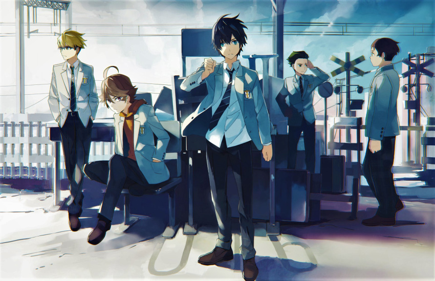 5boys ahoge belt black_belt black_pants blazer blonde_hair blue_sky brown_footwear brown_hair city cityscape clenched_hand cloud cloudy_sky collared_shirt commentary_request darling_in_the_franxx day futoshi_(darling_in_the_franxx) glasses gorou_(darling_in_the_franxx) green_jacket hand_on_own_hip hand_on_own_wrist hand_up hands_on_own_hips highres hiro_(darling_in_the_franxx) hood hoodie jacket leg_up long_sleeves looking_at_viewer looking_to_the_side male_focus mitsuru_(darling_in_the_franxx) multiple_boys necktie orange_hoodie pants railroad_crossing school_uniform shirt shoes sitting sky striped striped_necktie takerusilt white_shirt wing_collar zorome_(darling_in_the_franxx)