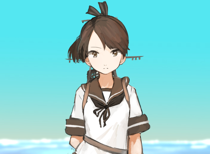 blue_sky brown_eyes brown_hair brown_sailor_collar commentary_request female hair_ribbon highres kantai_collection looking_at_viewer machinery mast morakkyo_(mephilas_g3) ponytail ribbon sailor_collar school_uniform serafuku shikinami_(kancolle) short_ponytail sky solo upper_body