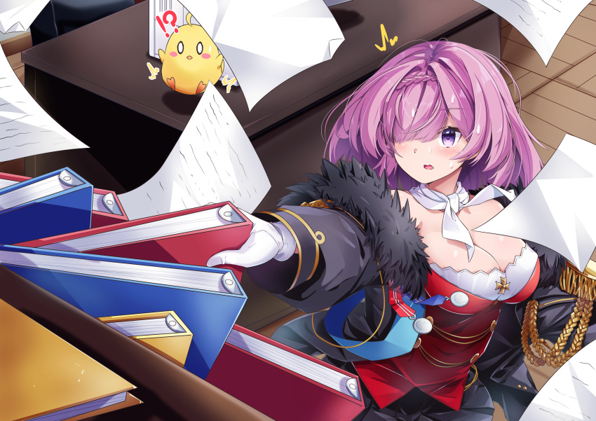 !? ^^^ absurdres aiguillette azur_lane bare_shoulders black_jacket black_skirt blush braid breasts cleavage commentary_request epaulettes female from_above fur-trimmed_jacket fur_trim gloves hair_between_eyes hair_over_one_eye highres indoors jacket large_breasts leer.meer long_sleeves looking_up manjuu_(azur_lane) neckerchief off_shoulder open_mouth paper penelope_(azur_lane) pleated_skirt pulling purple_eyes purple_hair red_shirt shirt short_hair sidelocks skirt solo_focus standing sweat table upper_body white_neckerchief wooden_floor