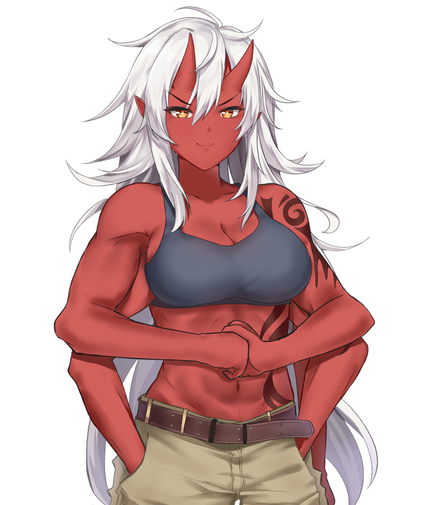 abs absurdres akane_(existence) bare_arms belt black_tank_top breasts closed_mouth collarbone colored_skin commentary dinosaurus_(azimangasaurus) english_commentary existence extra_arms female game_cg hair_between_eyes hands_in_pockets highres horns large_breasts long_hair looking_at_viewer midriff monster_girl muscular muscular_female navel obliques oni oni_horns orange_eyes pants pocket pointy_ears red_oni red_skin shirt sidelocks simple_background smile solo standing star-shaped_pupils star_(symbol) symbol-shaped_pupils tank_top tattoo upper_body white_background white_hair