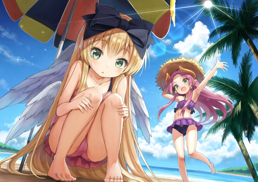 2girls absurdres aruma_(shinrabanshou) bare_legs bare_shoulders barefoot beach beach_umbrella bikini blonde_hair blue_sky cloud day earrings feathered_wings feet fuyu_no_kareha green_eyes hat highres horizon horns jewelry lens_flare long_hair multiple_girls multiple_wings navel ocean one-piece_swimsuit open_mouth outdoors outstretched_arms palm_tree pink_one-piece_swimsuit pointy_ears purple_bikini purple_hair shinrabanshou sky smile squatting standing standing_on_one_leg straw_hat summer sun sunlight swimsuit terasu_(shinrabanshou) tree umbrella wings