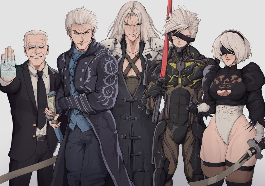 2b_(nier:automata) 4boys bare_hips belt biden_blast_(meme) black_coat black_hairband black_necktie black_pants black_suit blindfold bob_cut breasts closed_mouth clothing_cutout coat collared_shirt color_connection commentary cowboy_shot crossover cyborg devil_may_cry_(series) devil_may_cry_5 english_commentary eyepatch female final_fantasy final_fantasy_vii formal grin hair_color_connection hair_slicked_back hairband hf_murasama highres holding holding_sword holding_weapon joe_biden juliet_sleeves katana leotard long_hair long_sleeves looking_at_viewer masamune_(ff7) medium_breasts meme metal_gear_(series) metal_gear_rising:_revengeance mole mole_under_mouth multiple_boys multiple_crossover necktie nier:automata nier_(series) old old_man pants politician puffy_sleeves raiden_(metal_gear) real_life science_fiction sephiroth shirt shirt_tucked_in short_hair smile smirk standing suit sword teeth thick_thighs thighhighs thighs toned trait_connection underboob underboob_cutout vergil_(devil_may_cry) virtuous_contract weapon white_hair white_leotard white_shirt yamato_(sword) yoracrab